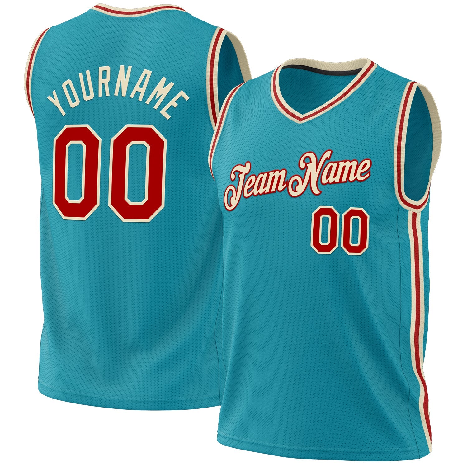 Custom Teal Red-Cream Authentic Throwback Basketball Jersey - Main View