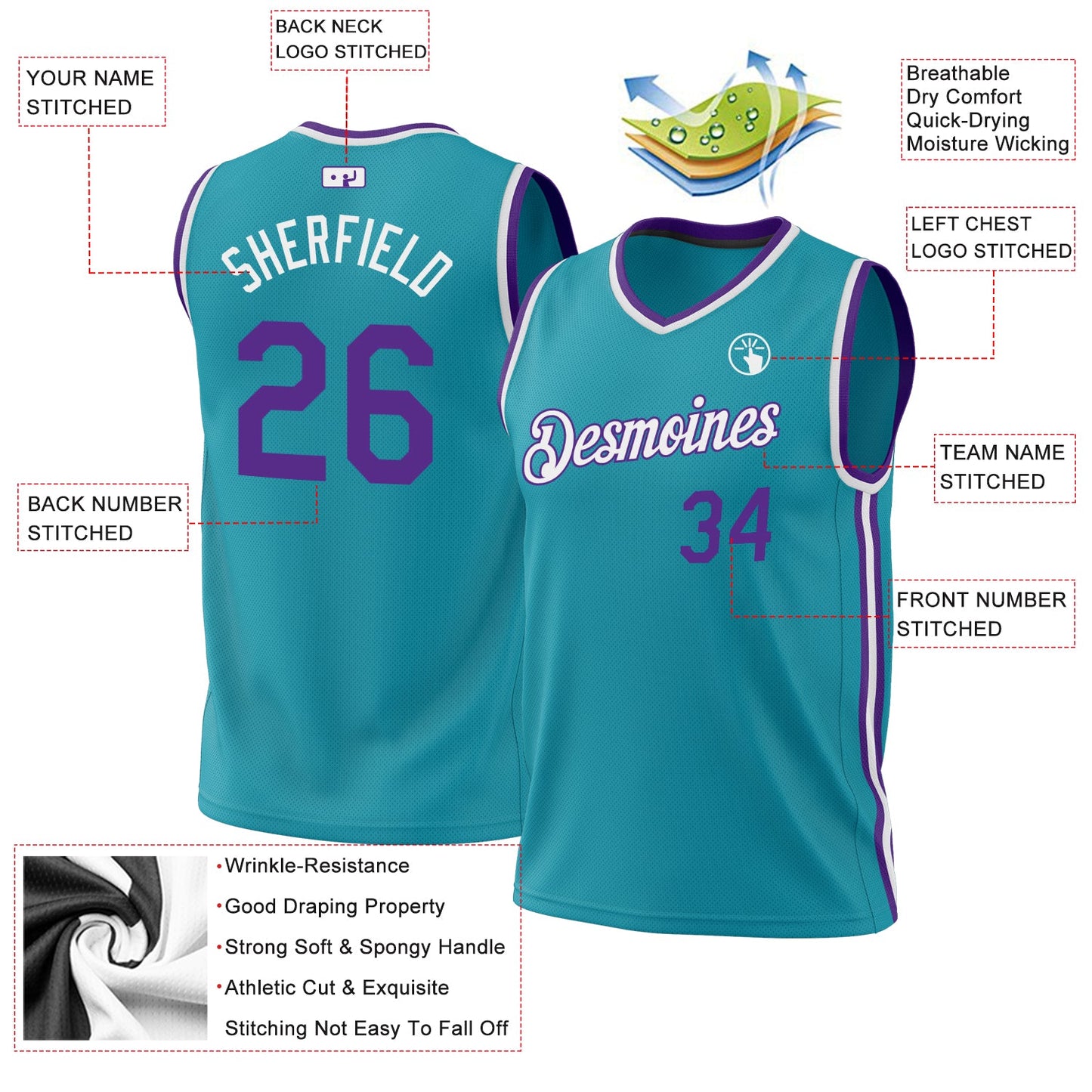 Custom Teal Purple-White Authentic Throwback Basketball Jersey view 3
