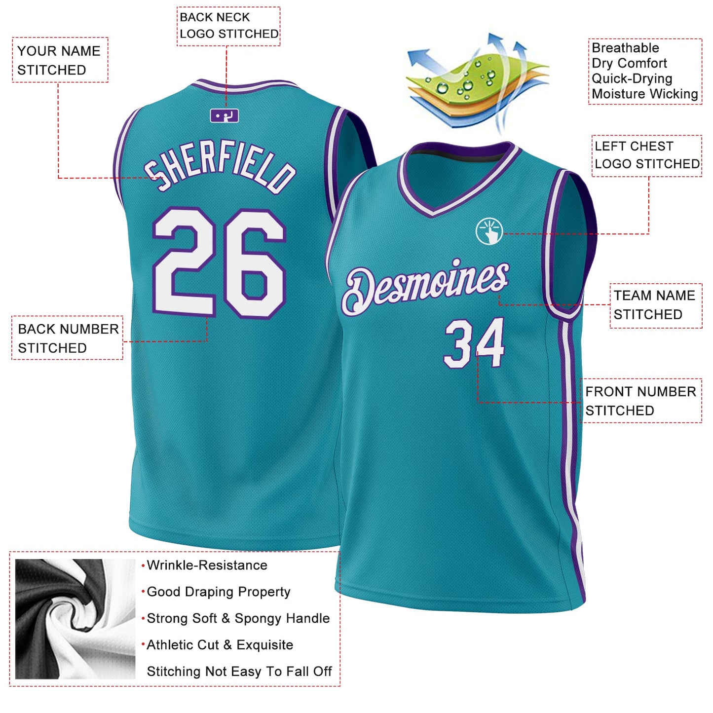 Custom Teal White-Purple Authentic Throwback Basketball Jersey view 3