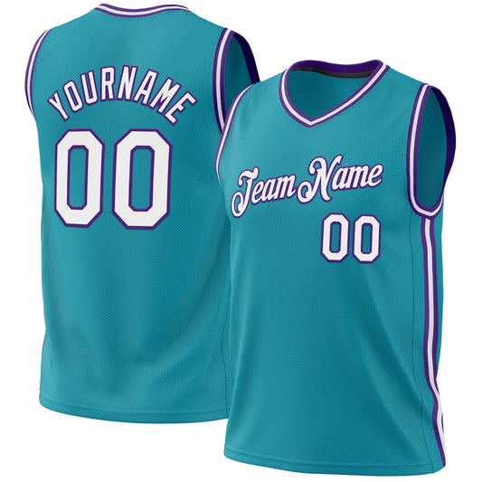 Custom Teal White-Purple Authentic Throwback Basketball Jersey - Main View