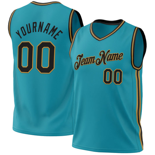 Custom Teal Black-Old Gold Authentic Throwback Basketball Jersey - Main View