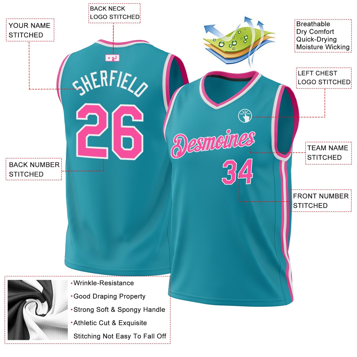 Custom Teal Pink-White Authentic Throwback Basketball Jersey view 3