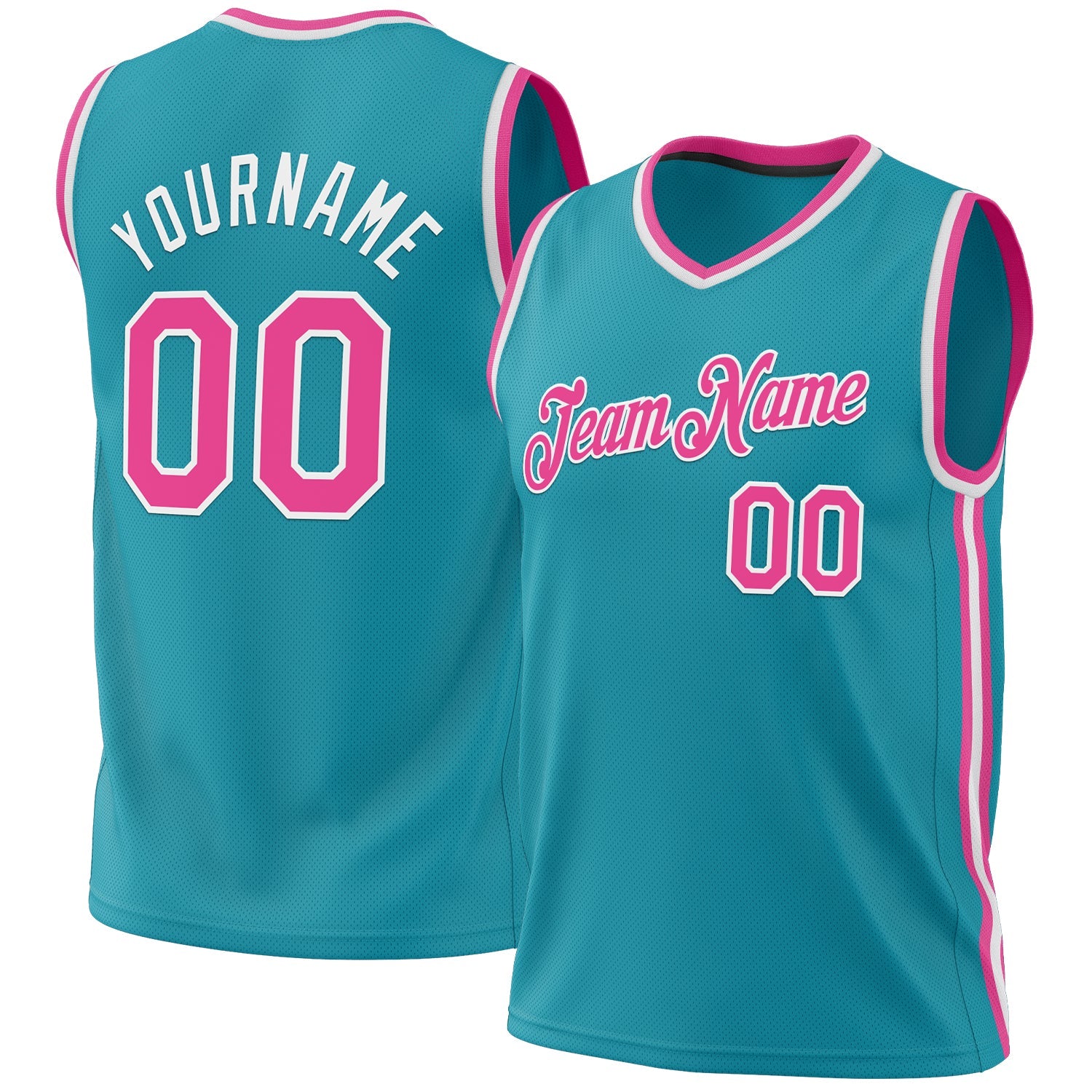 Custom Teal Pink-White Authentic Throwback Basketball Jersey - Main View