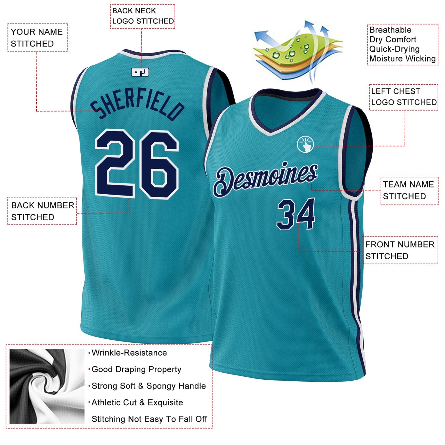 Custom Teal Navy-White Authentic Throwback Basketball Jersey view 3