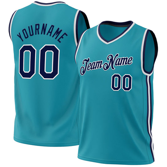 Custom Teal Navy-White Authentic Throwback Basketball Jersey - Main View