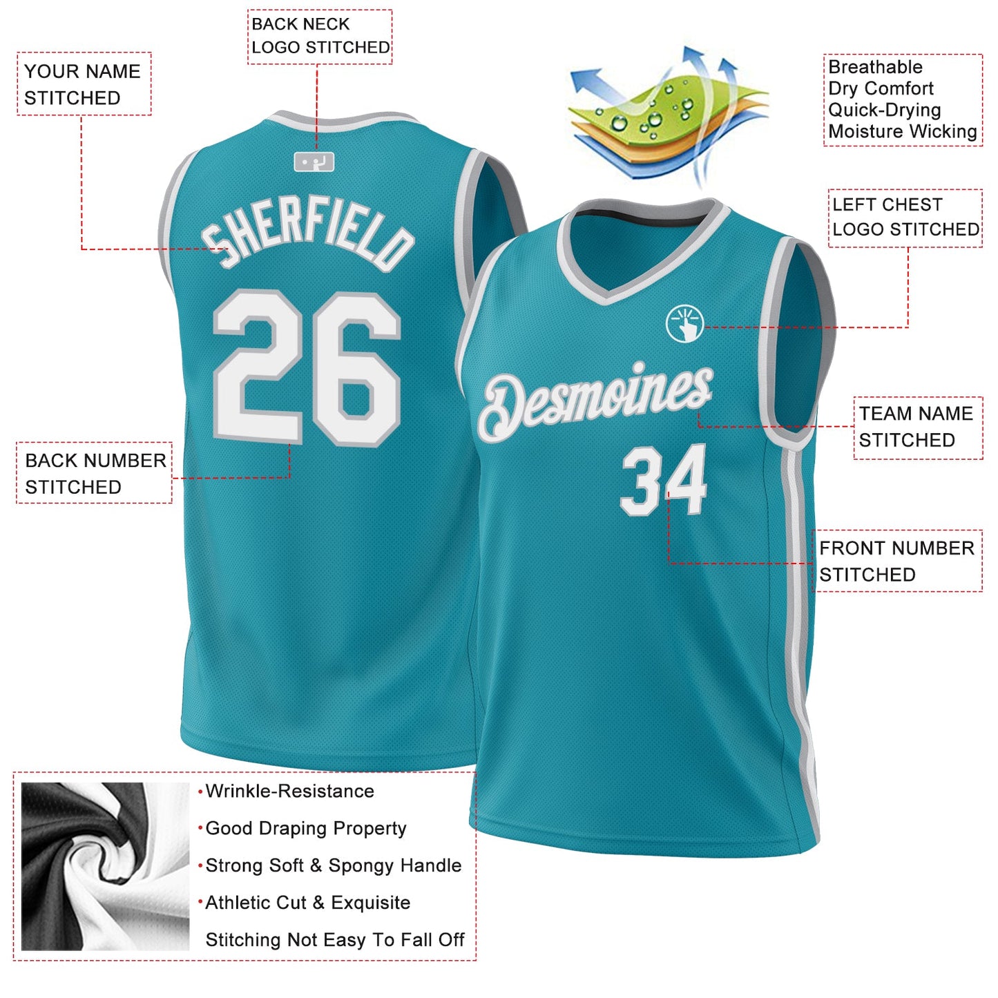 Custom Teal White-Gray Authentic Throwback Basketball Jersey view 3