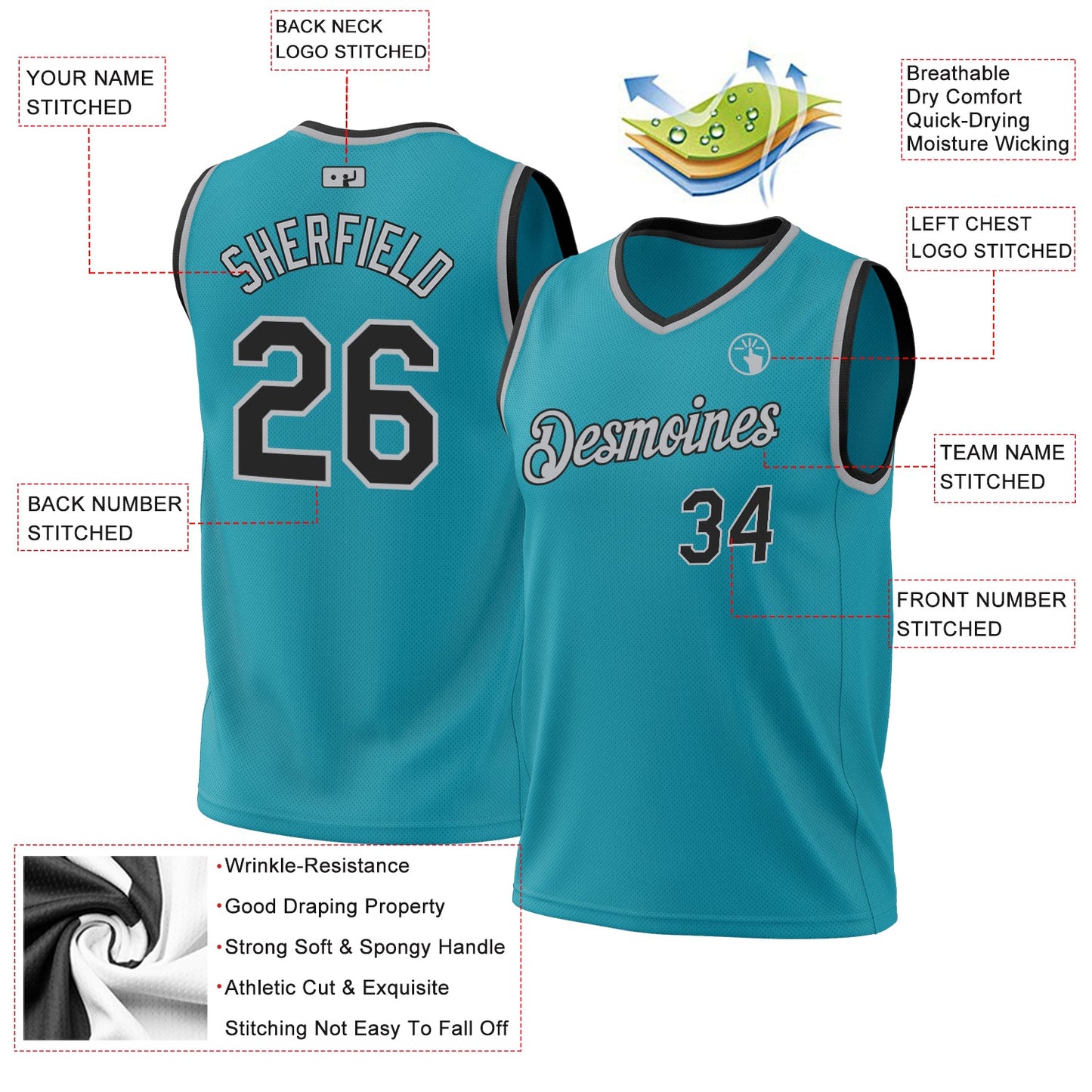 Custom Teal Black-Gray Authentic Throwback Basketball Jersey view 3