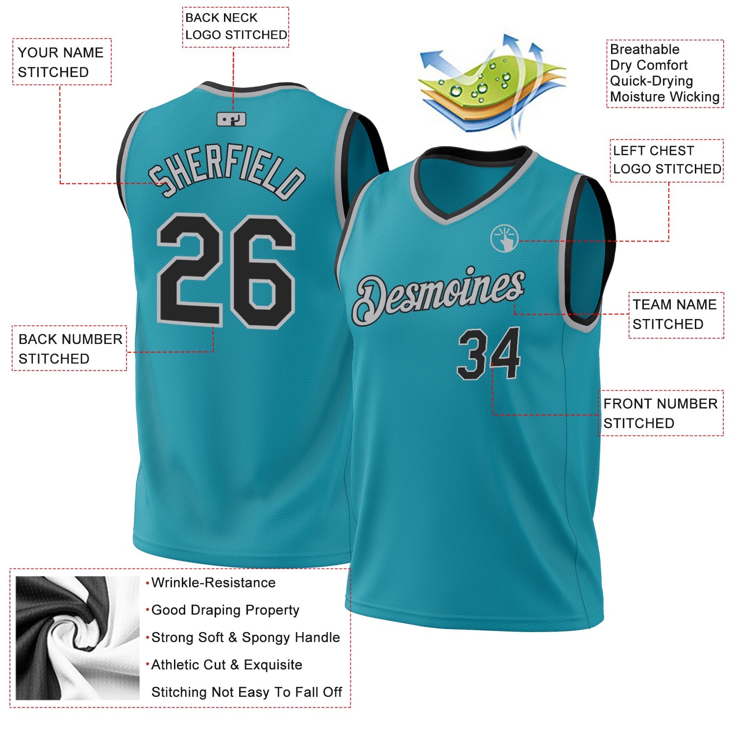 Custom Teal Black-Gray Authentic Throwback Basketball Jersey view 3