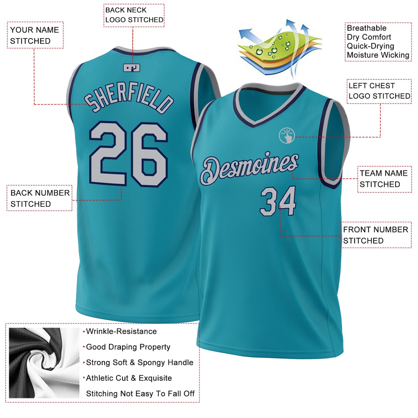 Custom Teal Gray-Navy Authentic Throwback Basketball Jersey view 3