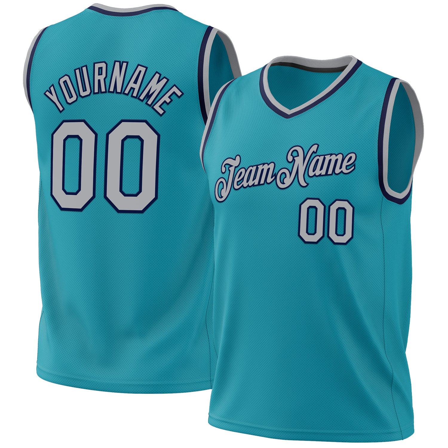 Custom Teal Gray-Navy Authentic Throwback Basketball Jersey - Main View