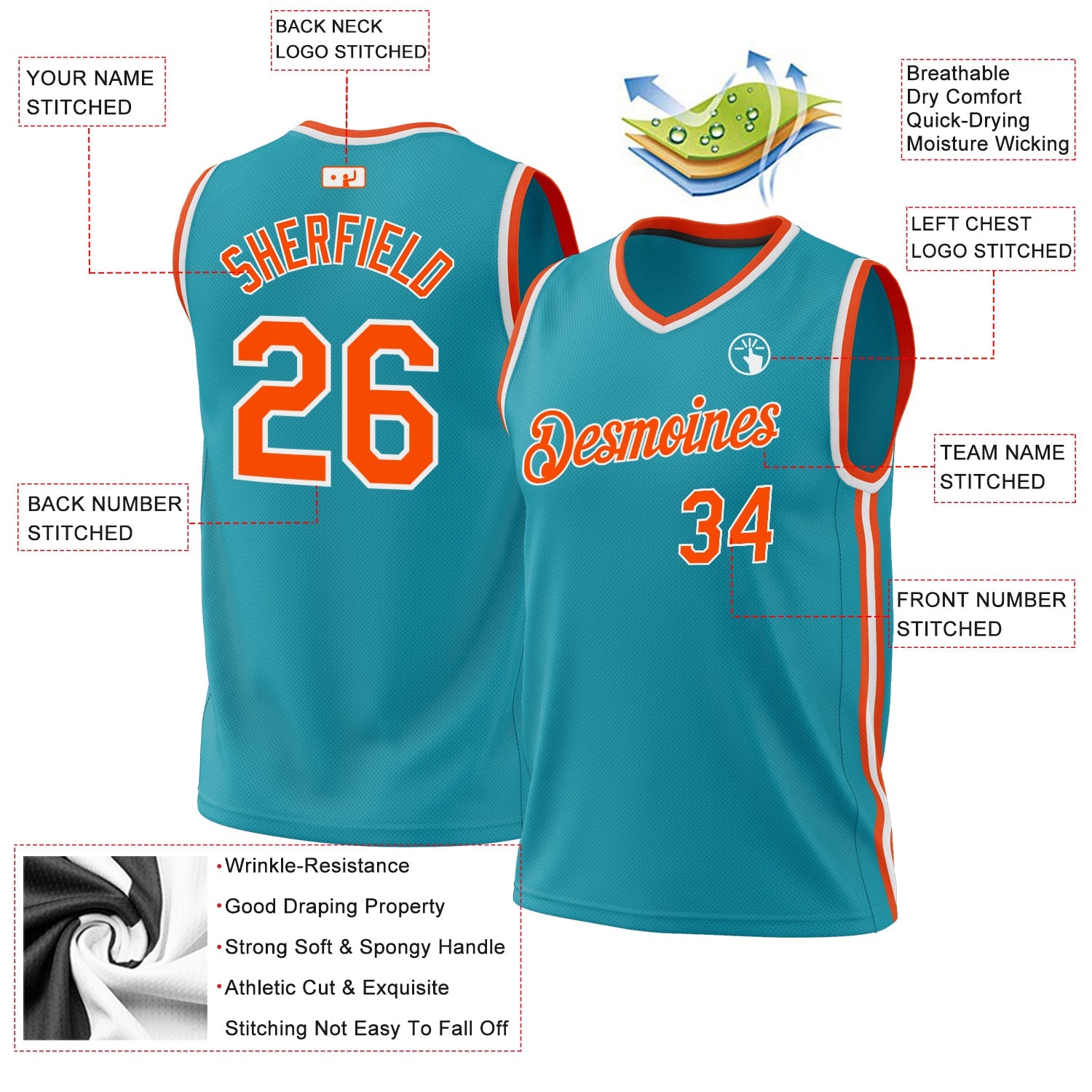 Custom Teal Orange-White Authentic Throwback Basketball Jersey view 3