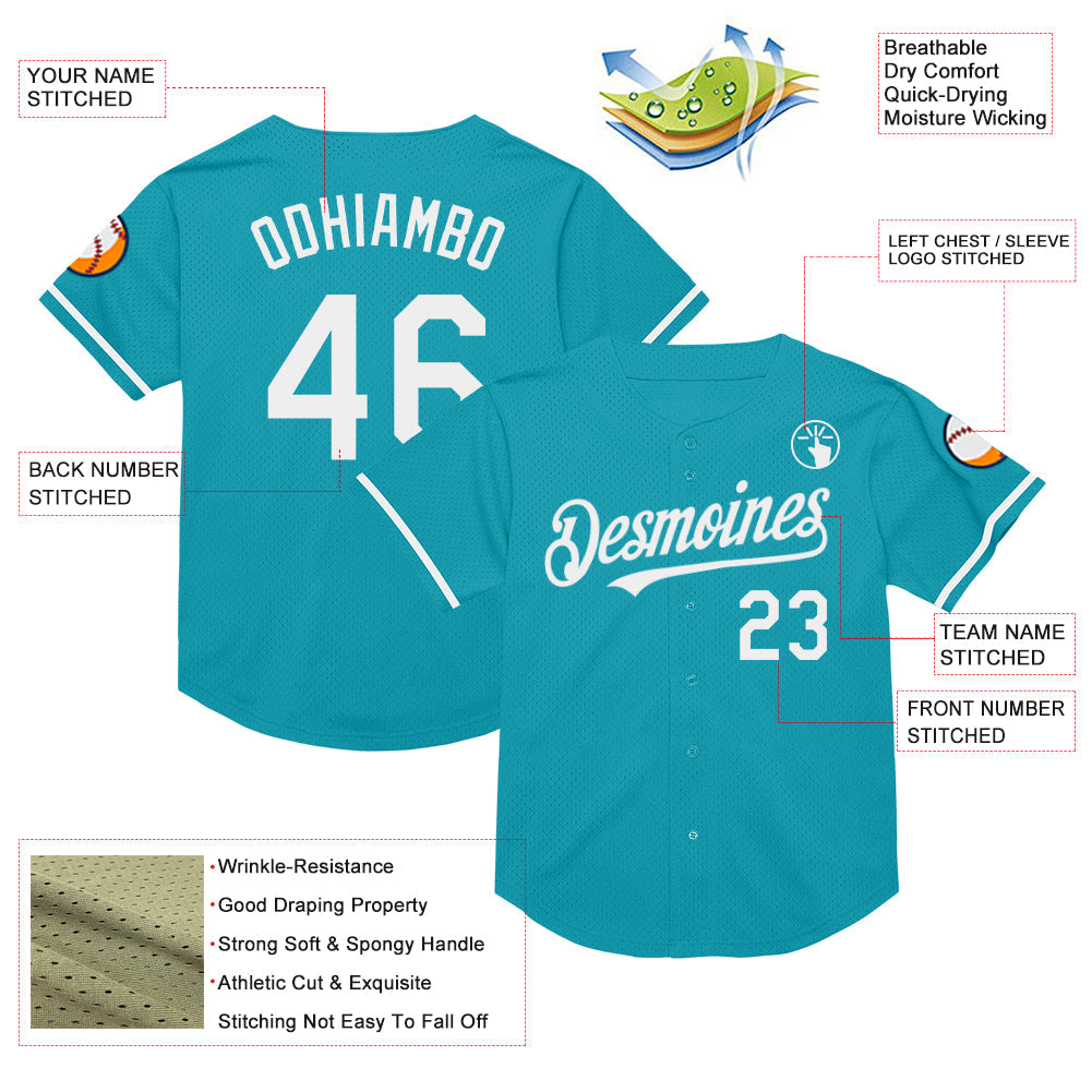 Custom Teal White Mesh Authentic Throwback Baseball Jersey view 3