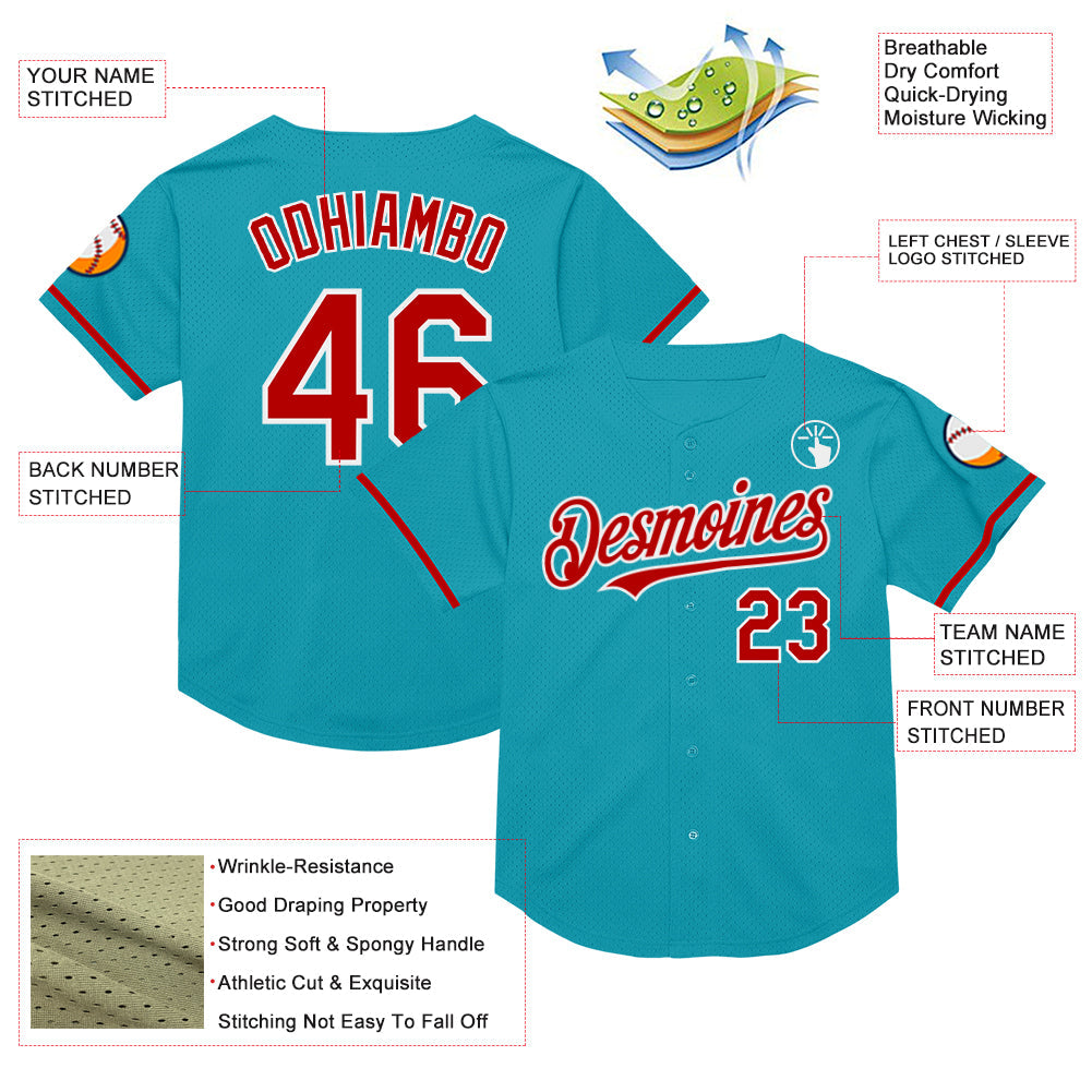 Custom Teal Red-White Mesh Authentic Throwback Baseball Jersey view 3