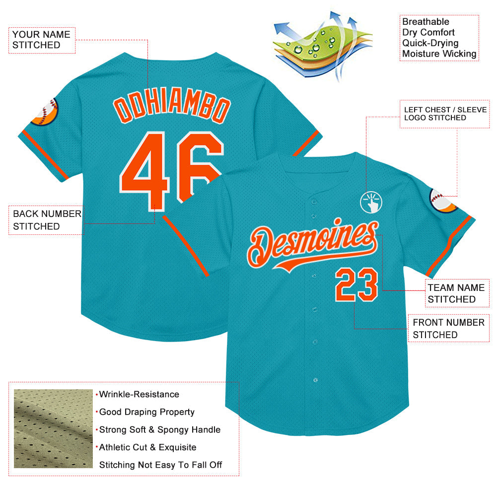Custom Teal Orange-White Mesh Authentic Throwback Baseball Jersey view 3