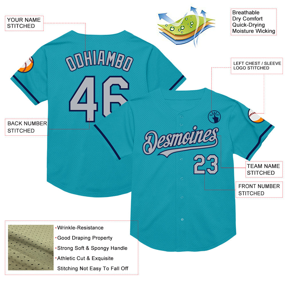 Custom Teal Gray-Navy Mesh Authentic Throwback Baseball Jersey view 3