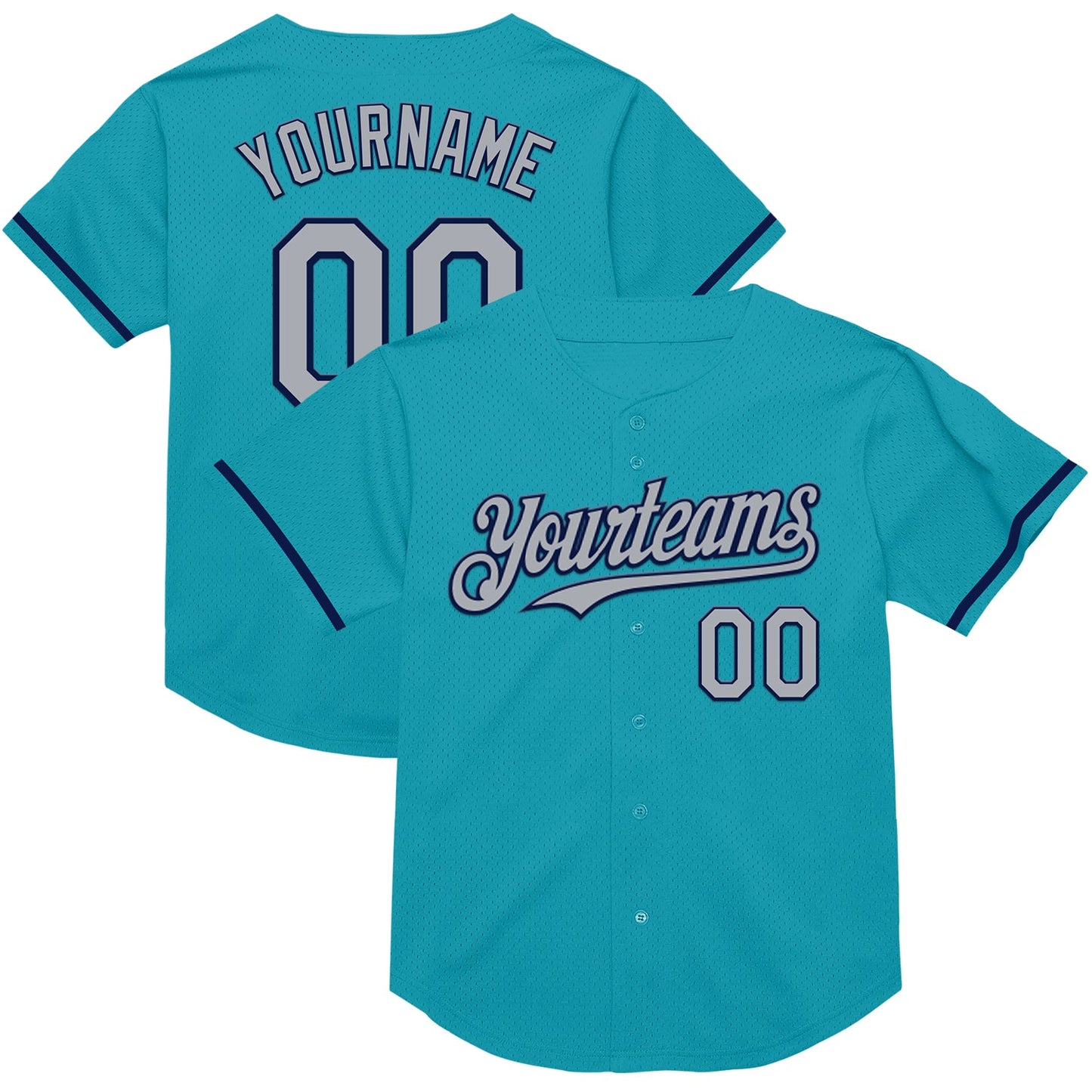 Custom Teal Gray-Navy Mesh Authentic Throwback Baseball Jersey - Main View