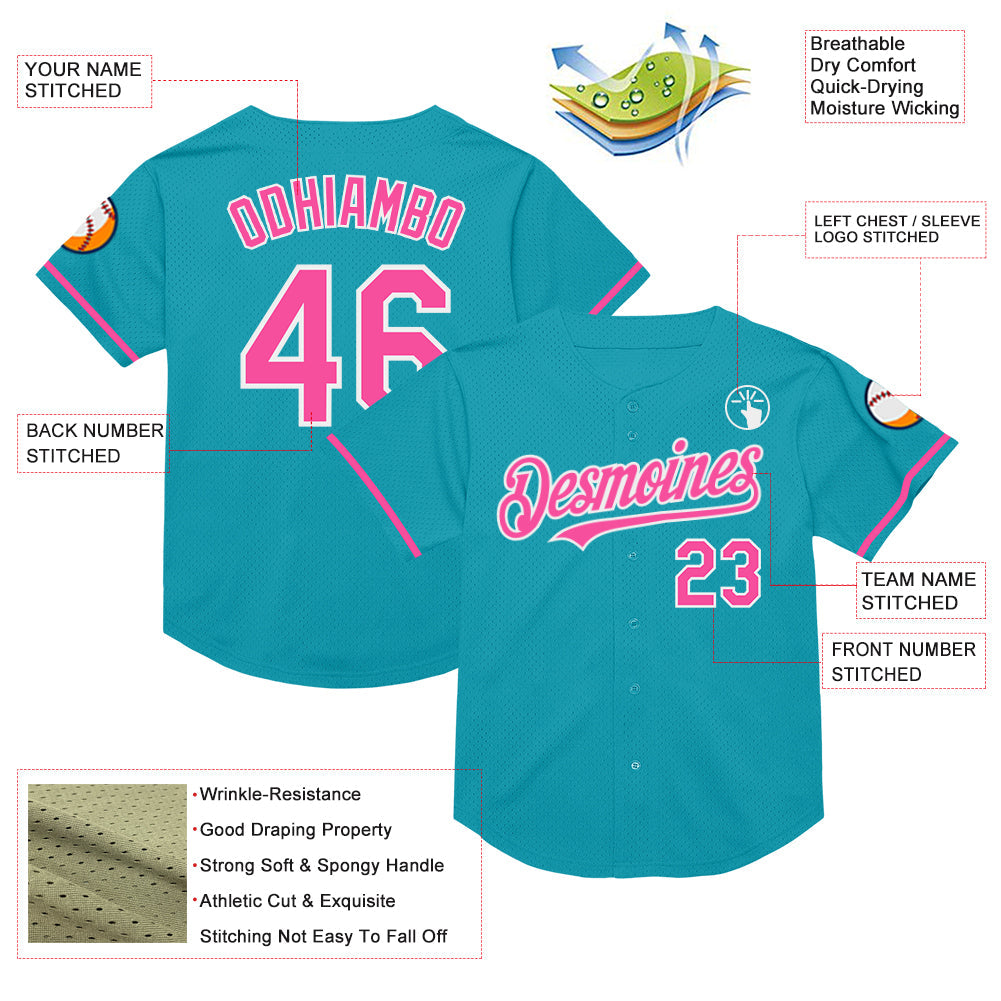 Custom Teal Pink-White Mesh Authentic Throwback Baseball Jersey view 3