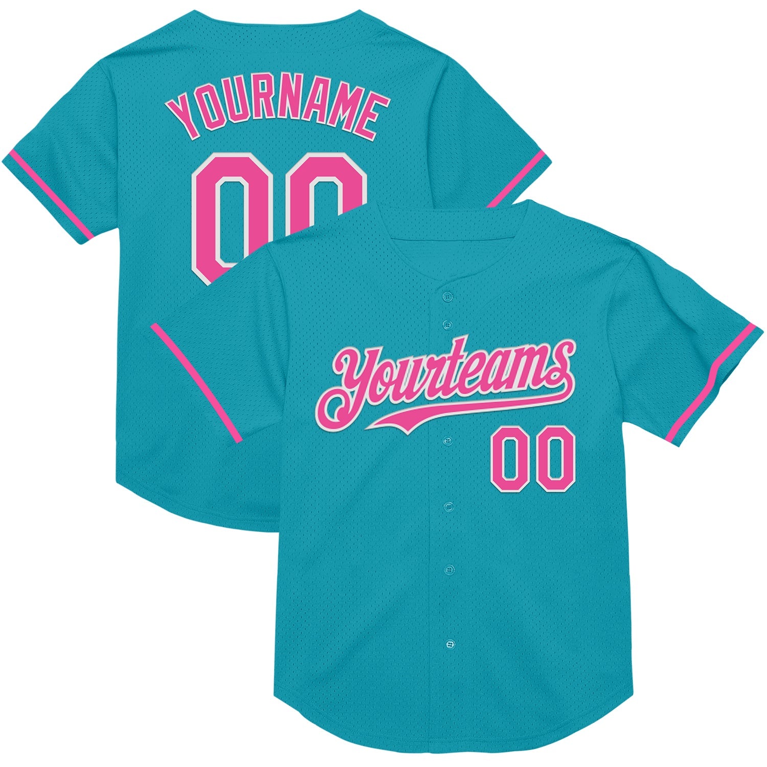 Custom Teal Pink-White Mesh Authentic Throwback Baseball Jersey - Main View