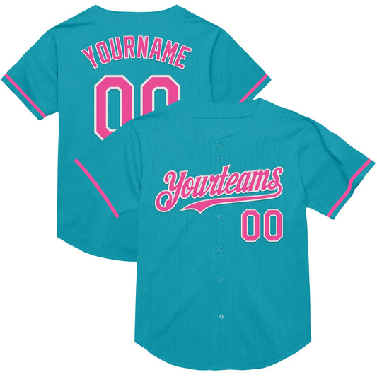 Custom Teal Pink-White Mesh Authentic Throwback Baseball Jersey - Main View