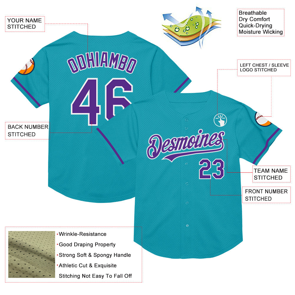 Custom Teal Purple-White Mesh Authentic Throwback Baseball Jersey view 3