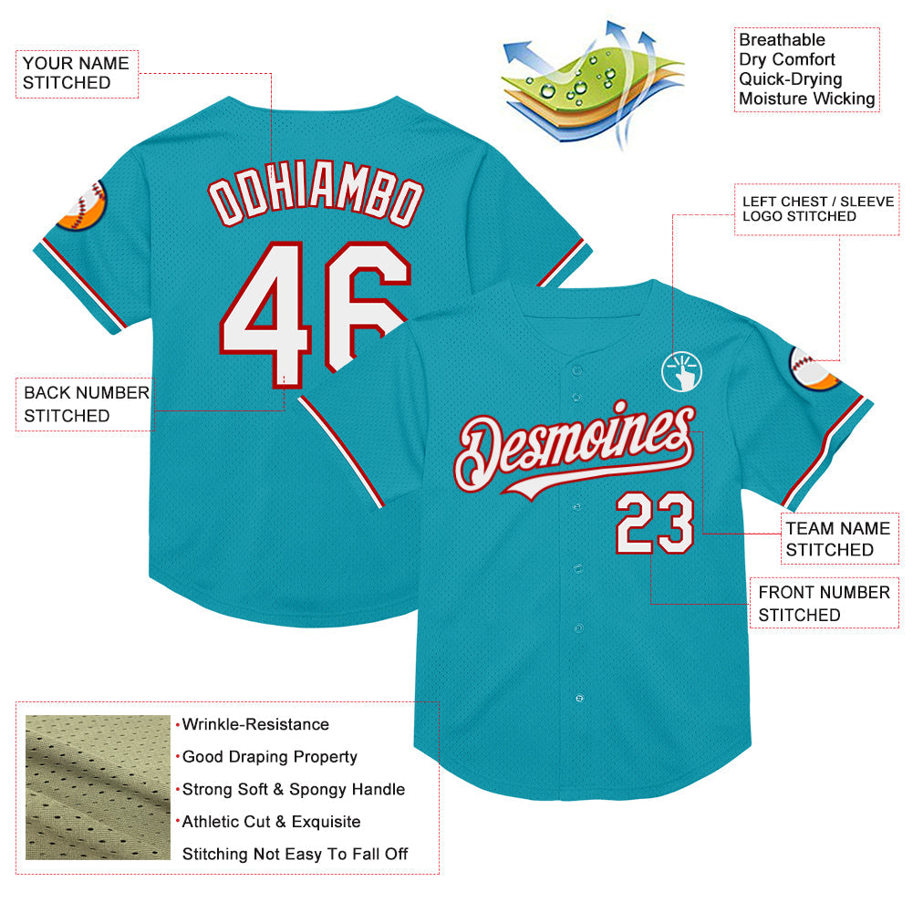 Custom Teal White-Red Mesh Authentic Throwback Baseball Jersey view 3