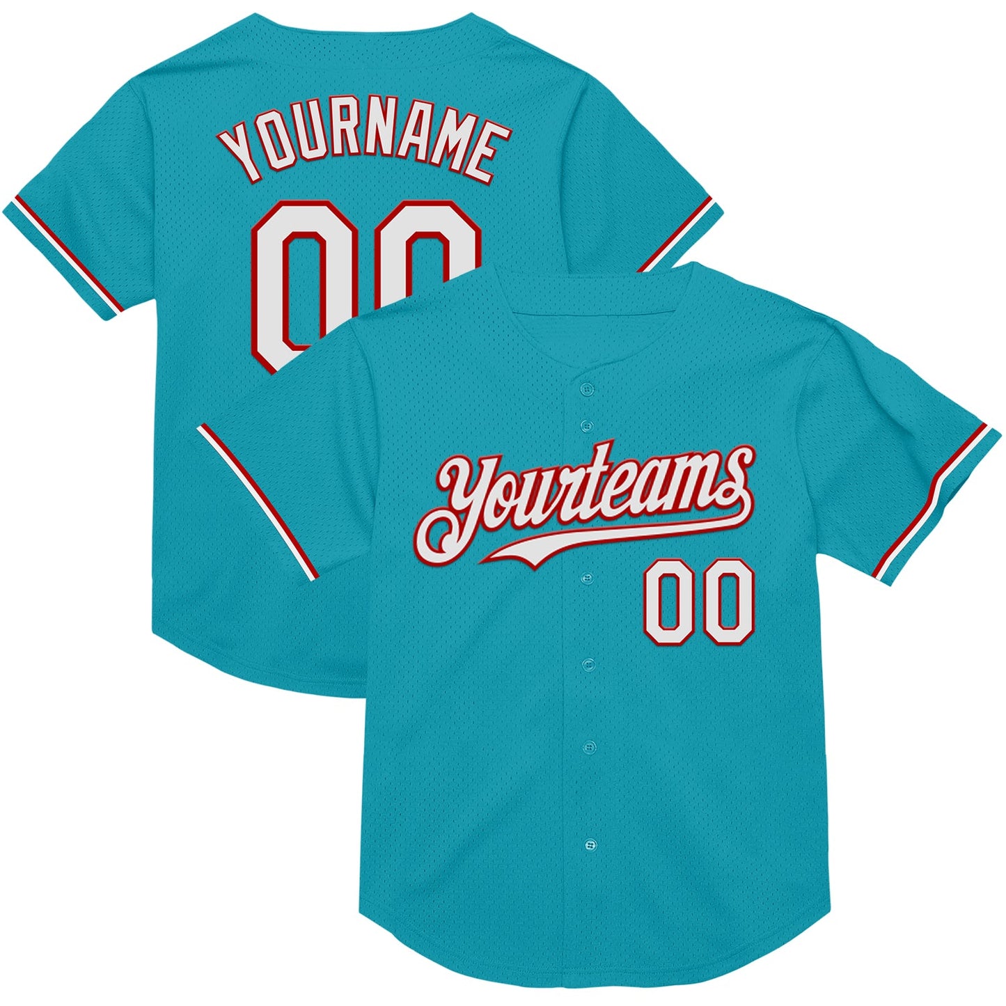 Custom Teal White-Red Mesh Authentic Throwback Baseball Jersey - Main View