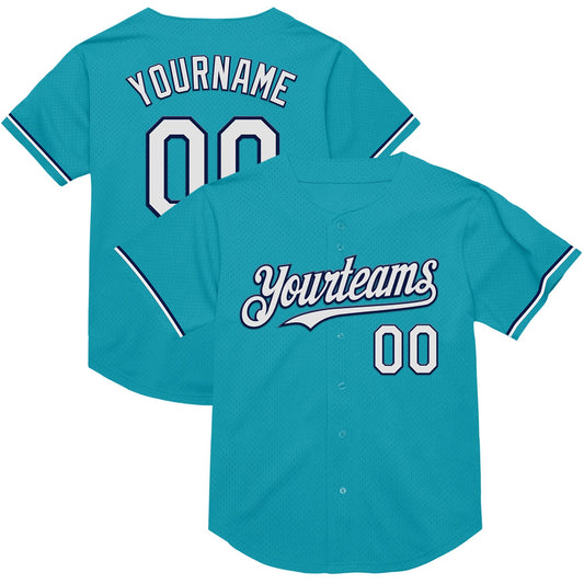 Custom Teal White-Navy Mesh Authentic Throwback Baseball Jersey - Main View