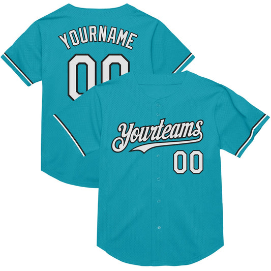 Custom Teal White-Black Mesh Authentic Throwback Baseball Jersey - Main View
