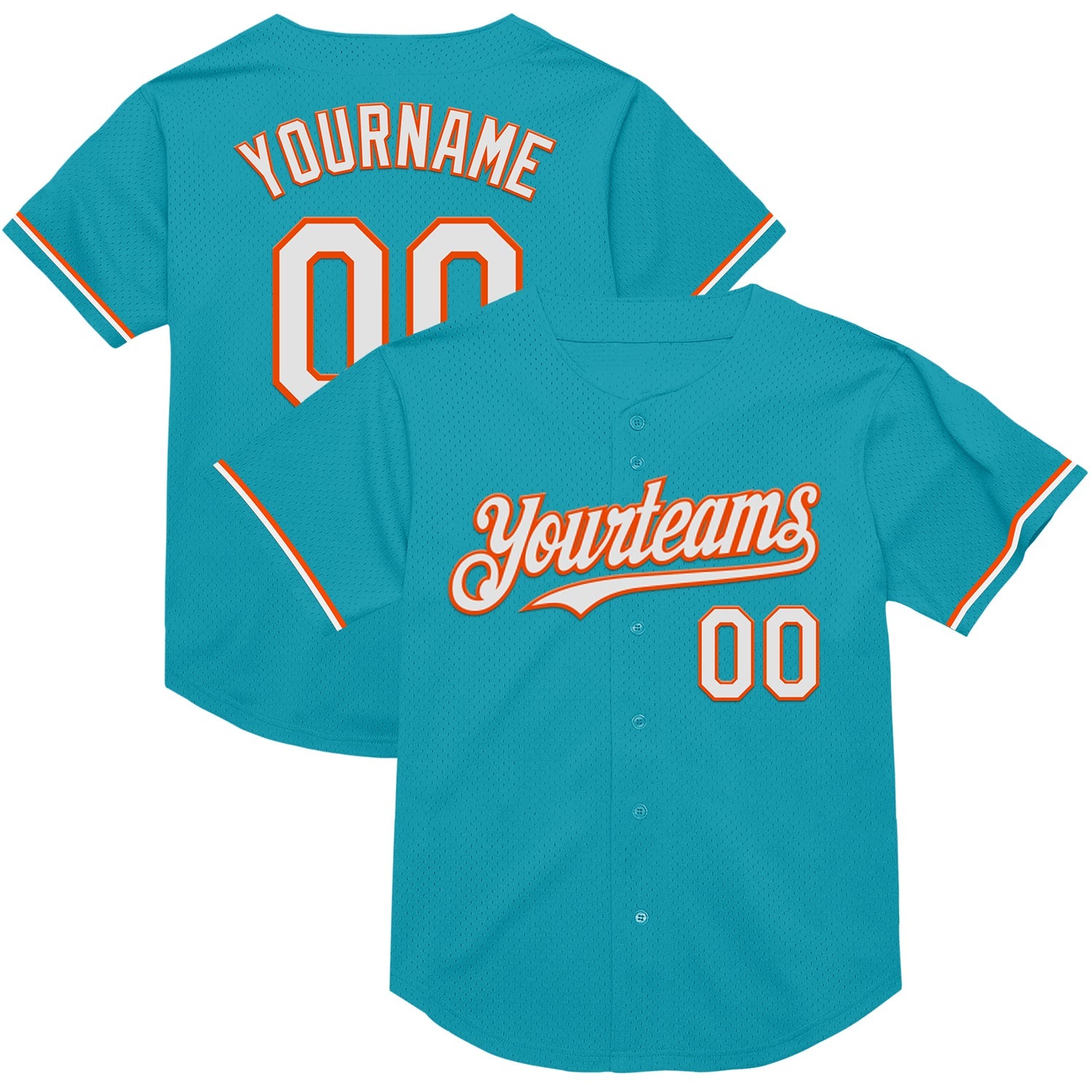 Custom Teal White-Orange Mesh Authentic Throwback Baseball Jersey - Main View