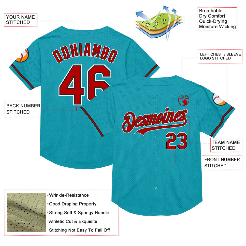 Custom Teal Red-Black Mesh Authentic Throwback Baseball Jersey view 3