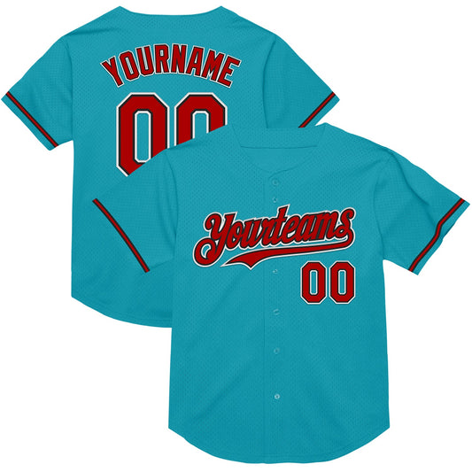Custom Teal Red-Black Mesh Authentic Throwback Baseball Jersey - Main View
