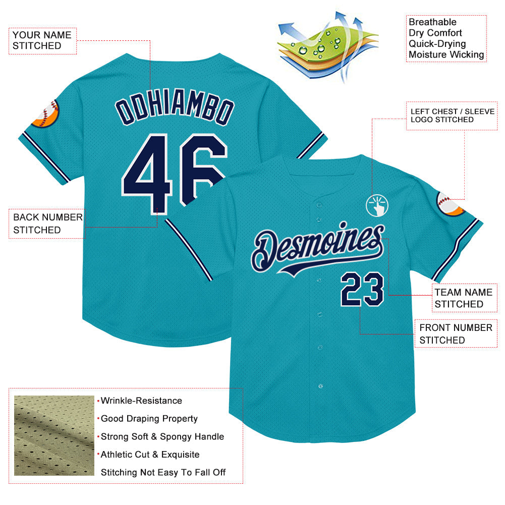 Custom Teal Navy-White Mesh Authentic Throwback Baseball Jersey view 3