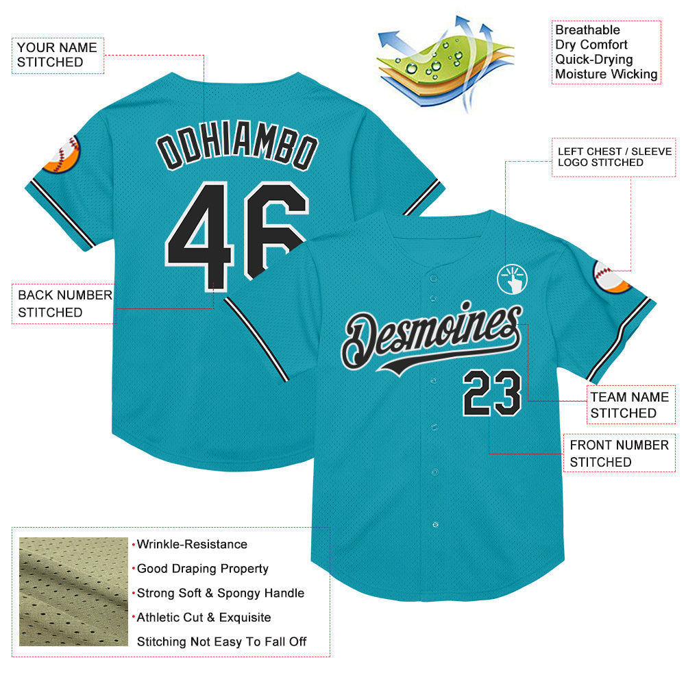 Custom Teal Black-White Mesh Authentic Throwback Baseball Jersey view 3