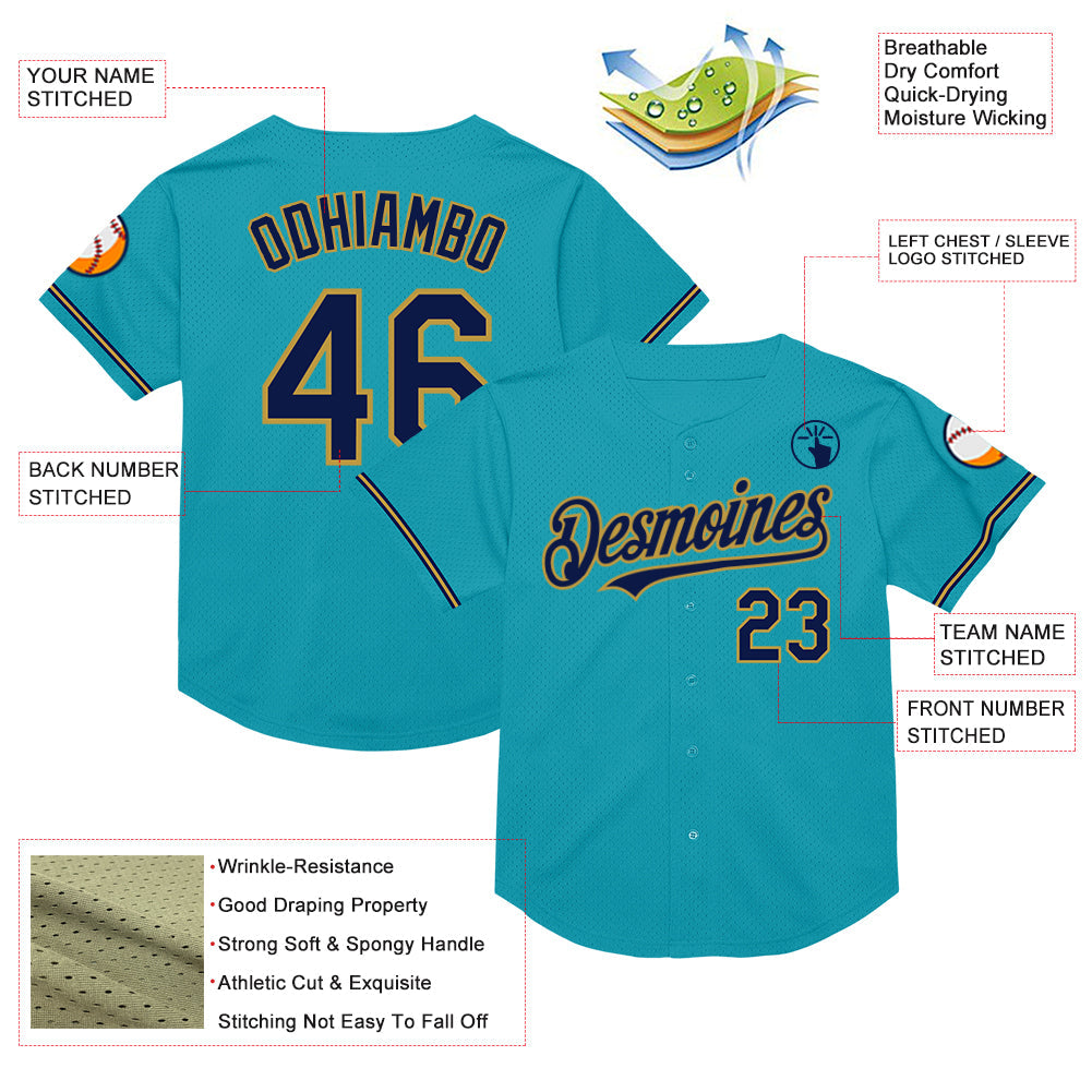 Custom Teal Navy-Old Gold Mesh Authentic Throwback Baseball Jersey view 3
