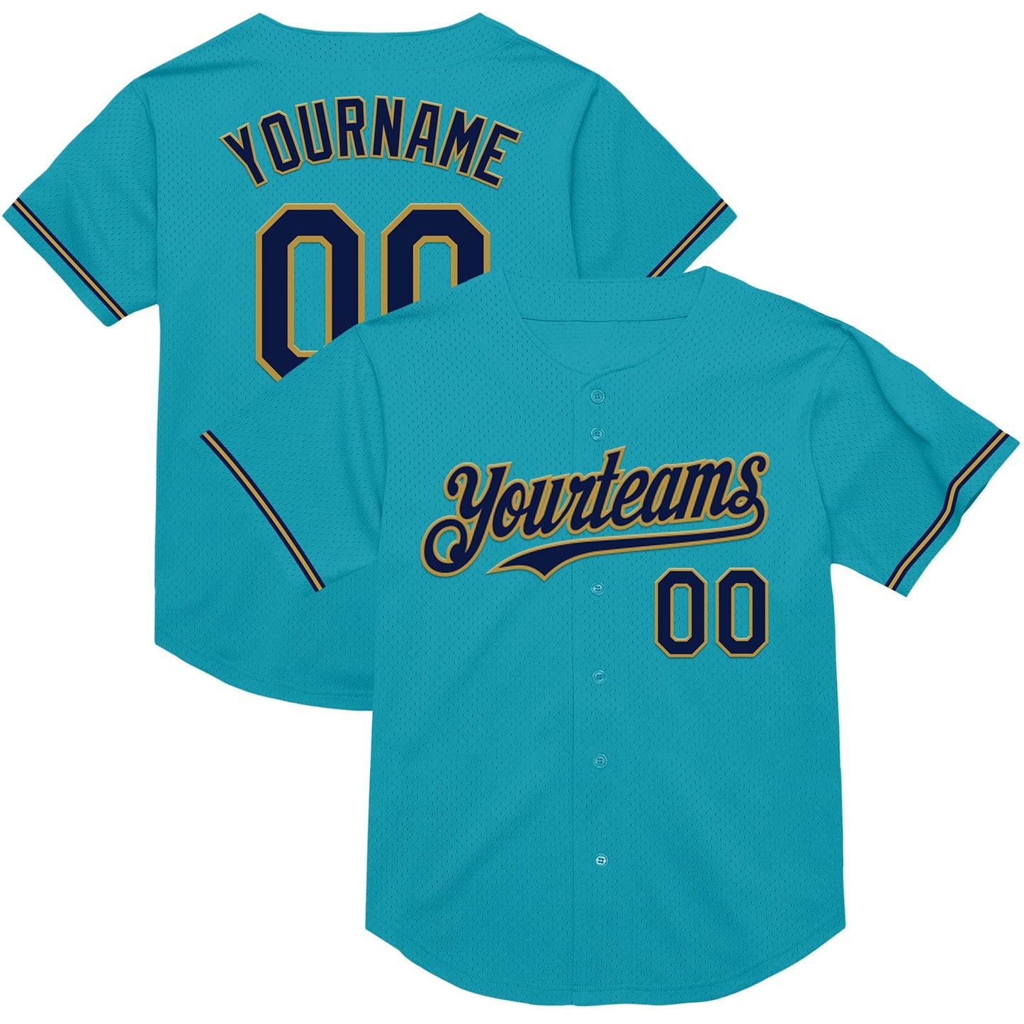 Custom Teal Navy-Old Gold Mesh Authentic Throwback Baseball Jersey - Main View