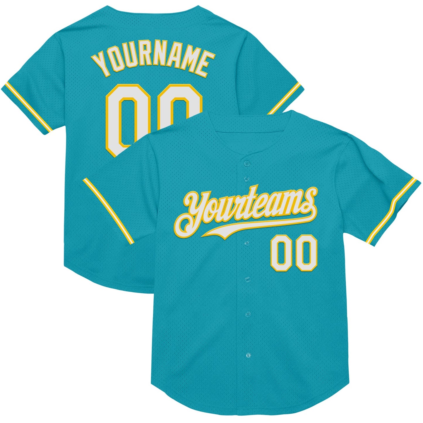 Custom Teal White-Yellow Mesh Authentic Throwback Baseball Jersey - Main View