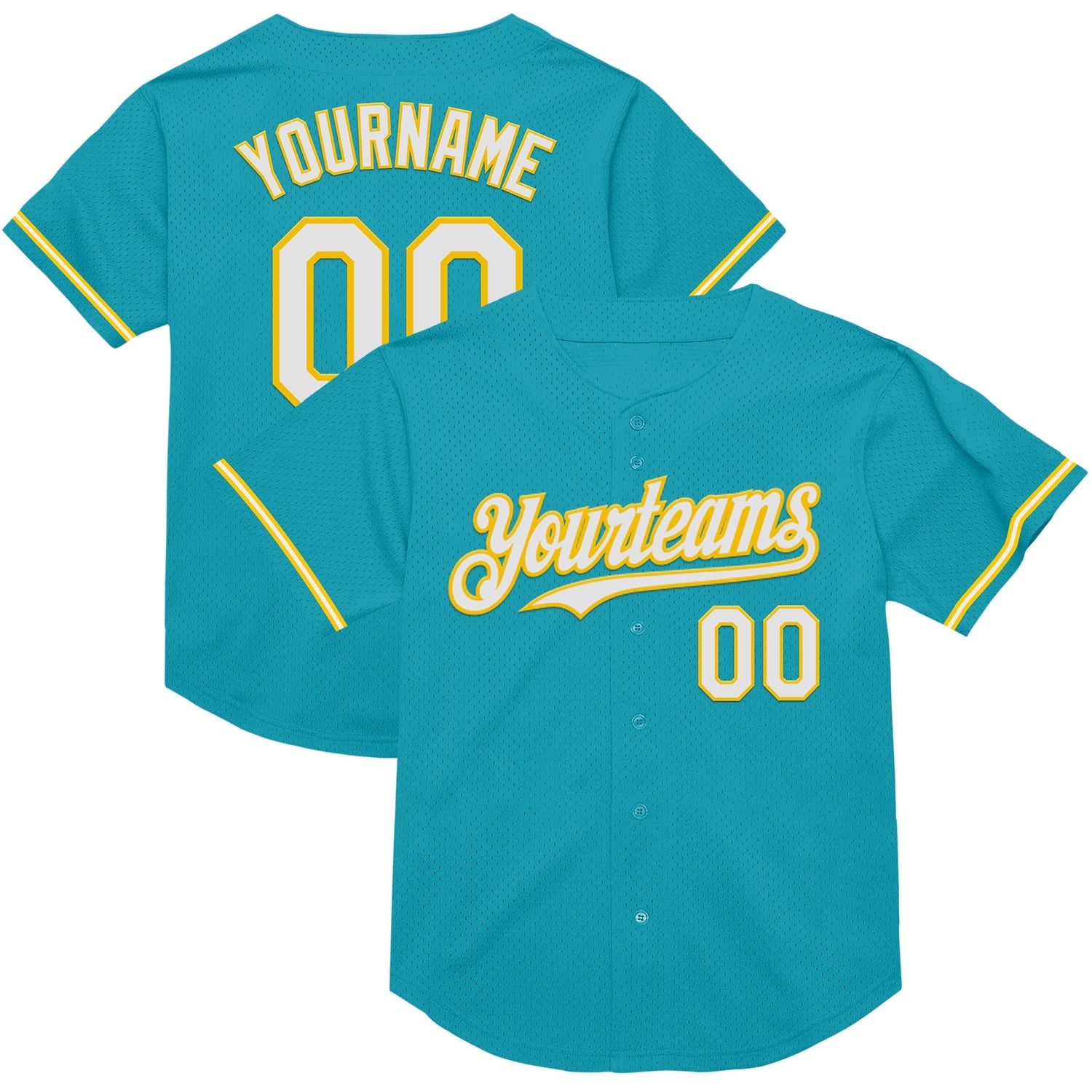 Custom Teal White-Yellow Mesh Authentic Throwback Baseball Jersey - Main View