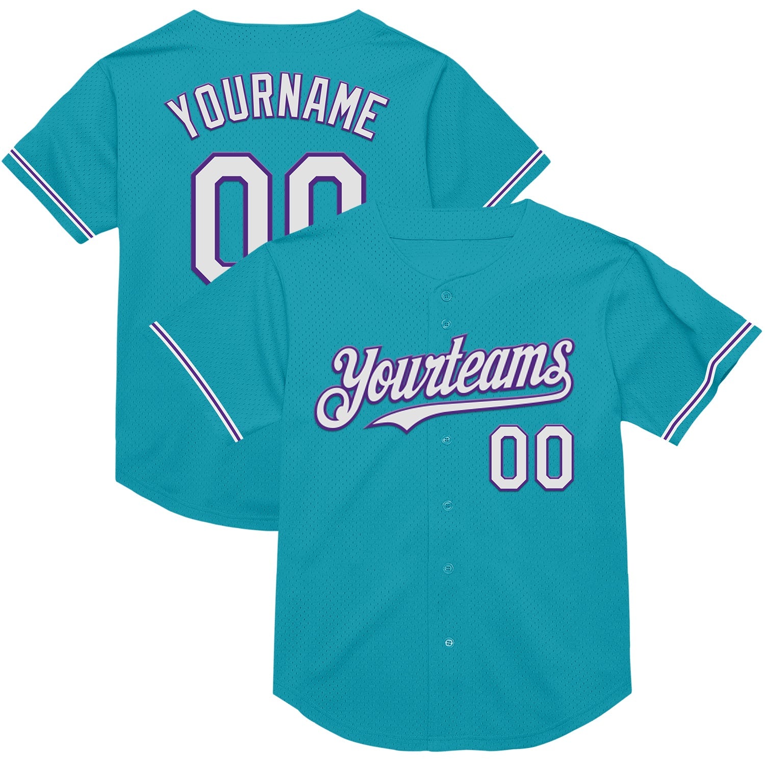 Custom Teal White-Purple Mesh Authentic Throwback Baseball Jersey - Main View