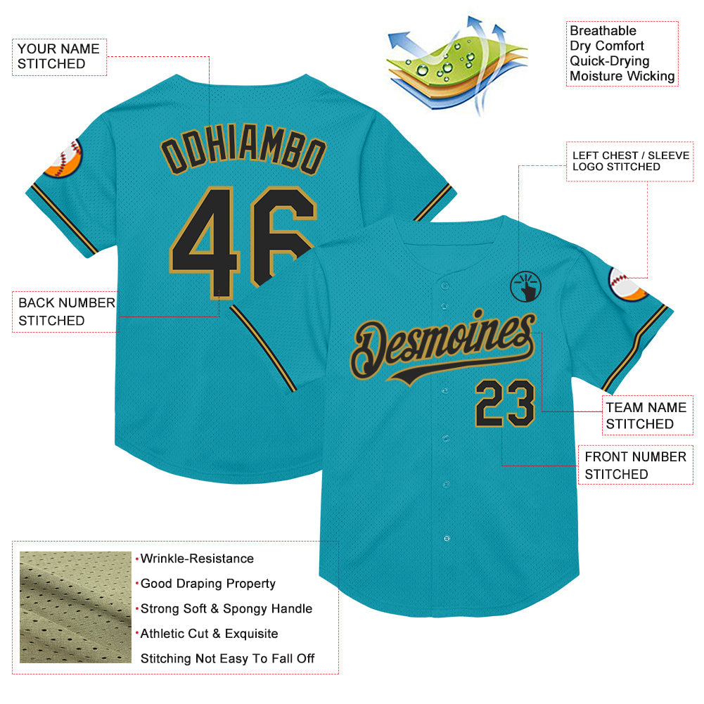 Custom Teal Black-Old Gold Mesh Authentic Throwback Baseball Jersey view 3