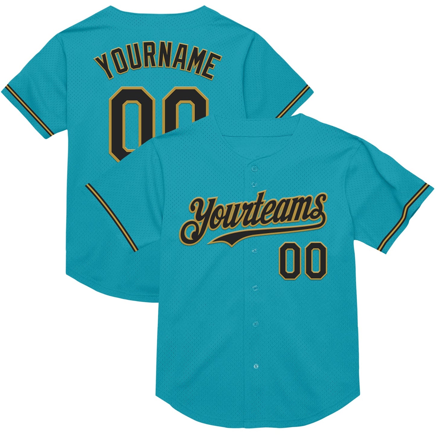 Custom Teal Black-Old Gold Mesh Authentic Throwback Baseball Jersey - Main View