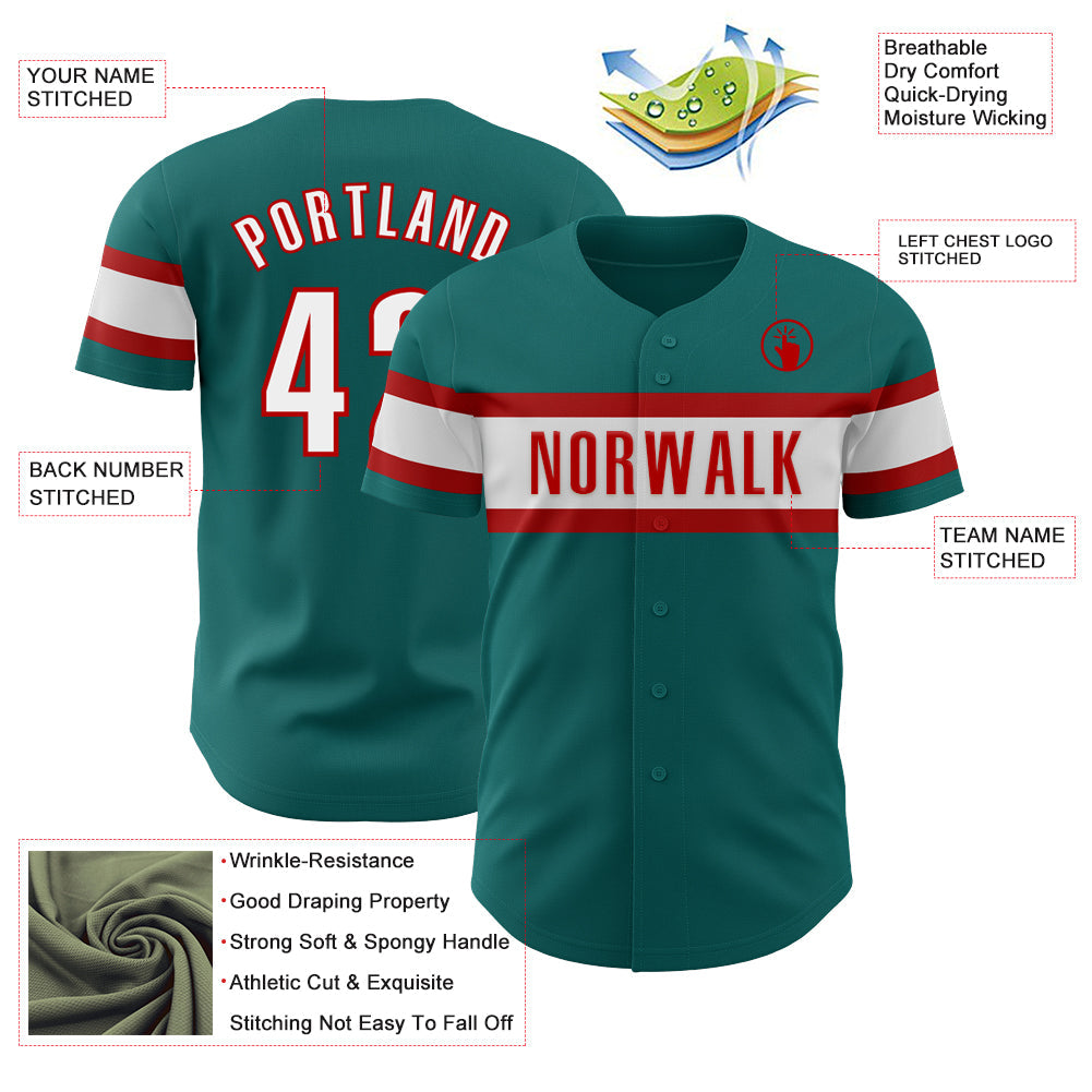 Custom Teal White-Red Authentic Baseball Jersey view 3