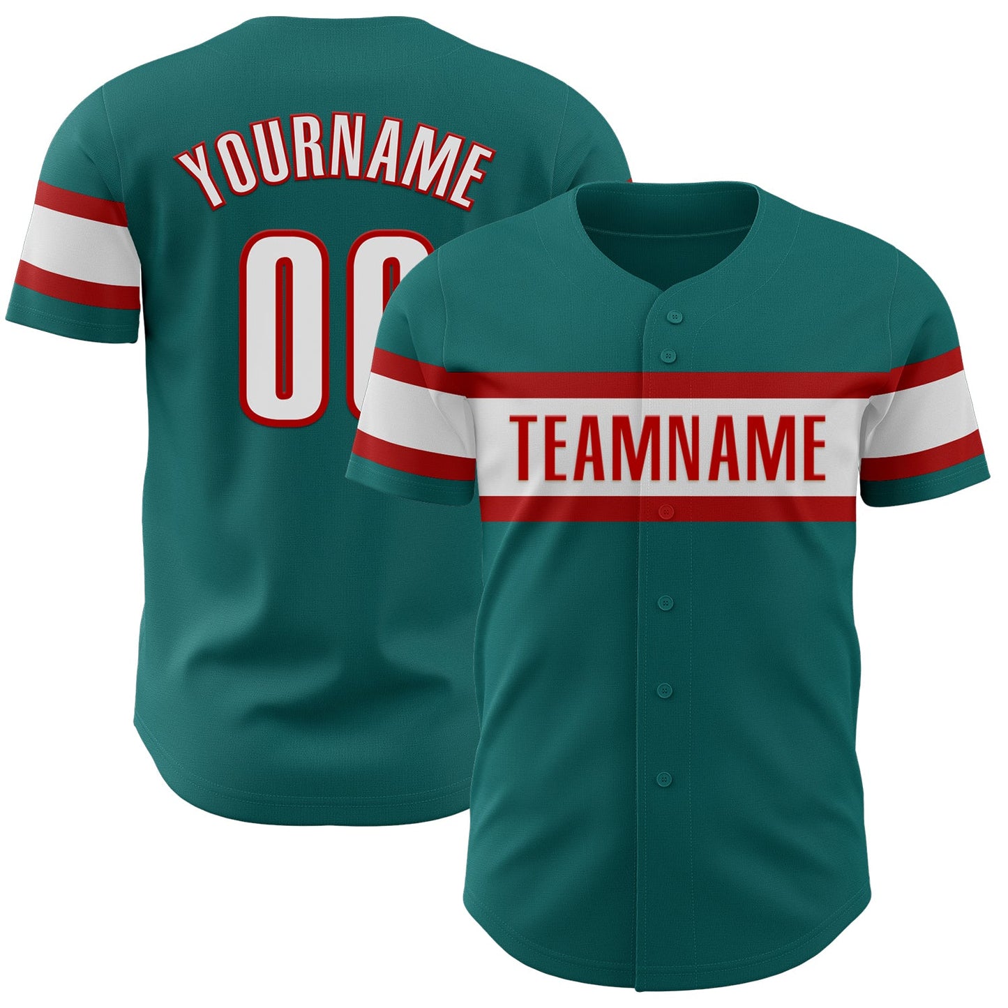 Custom Teal White-Red Authentic Baseball Jersey - Main View