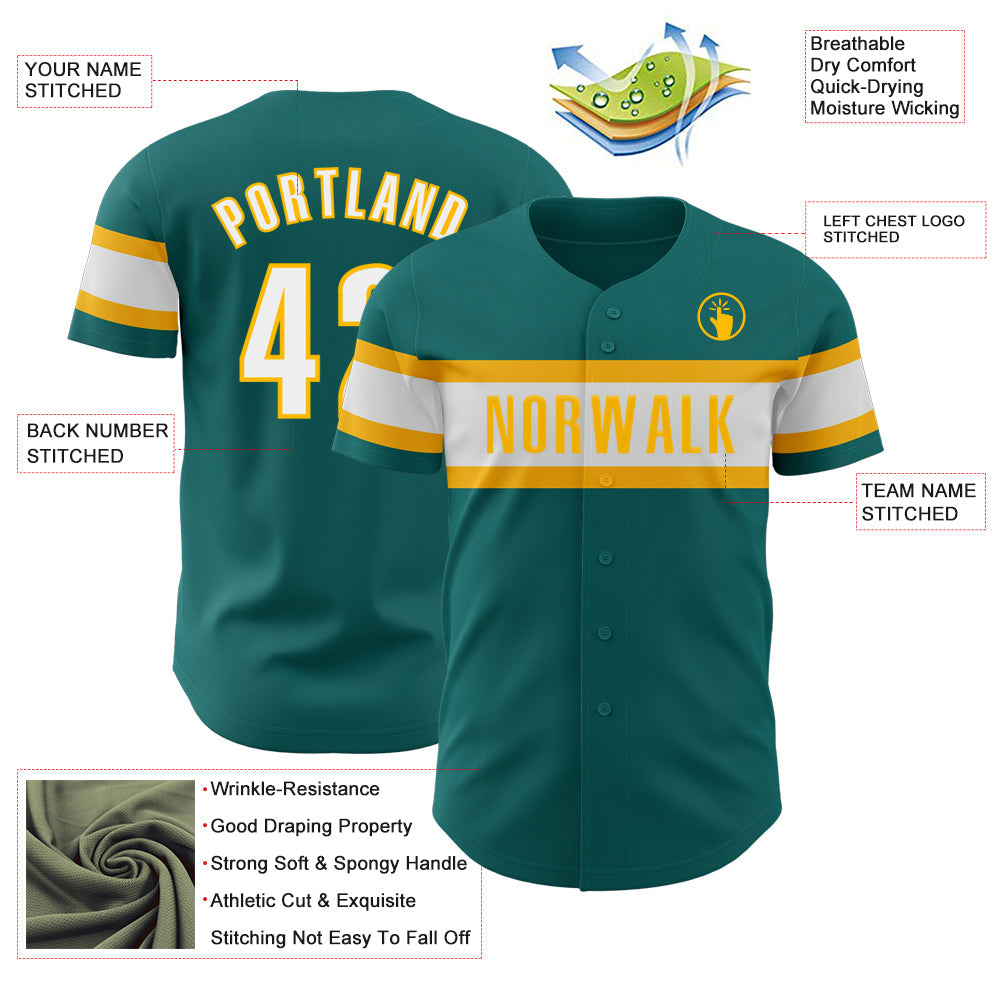 Custom Teal White-Gold Authentic Baseball Jersey view 3