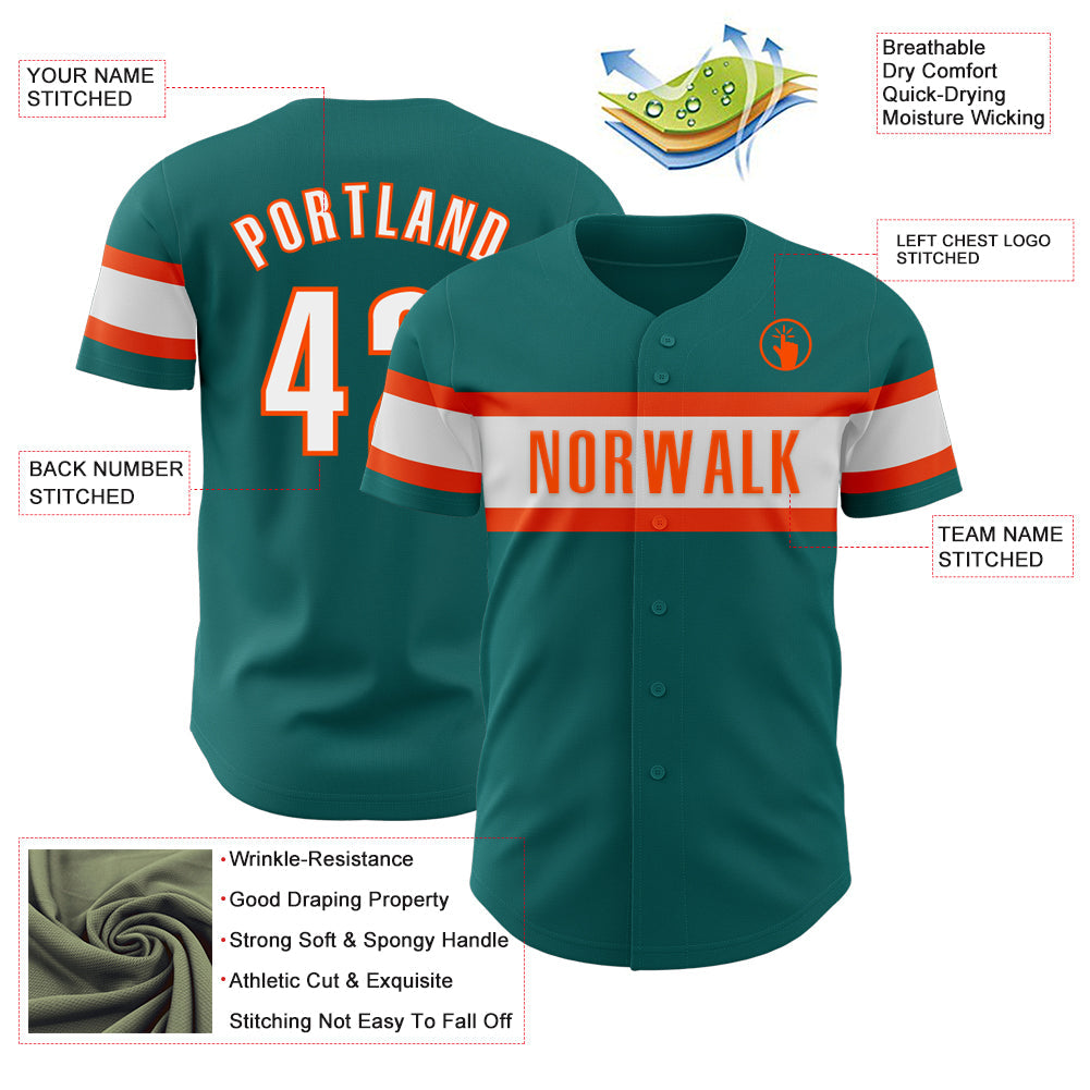 Custom Teal White-Orange Authentic Baseball Jersey view 3