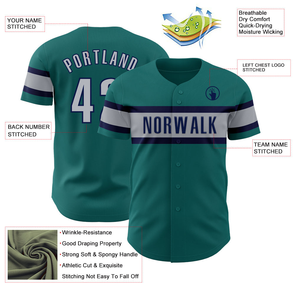 Custom Teal Gray-Navy Authentic Baseball Jersey view 3