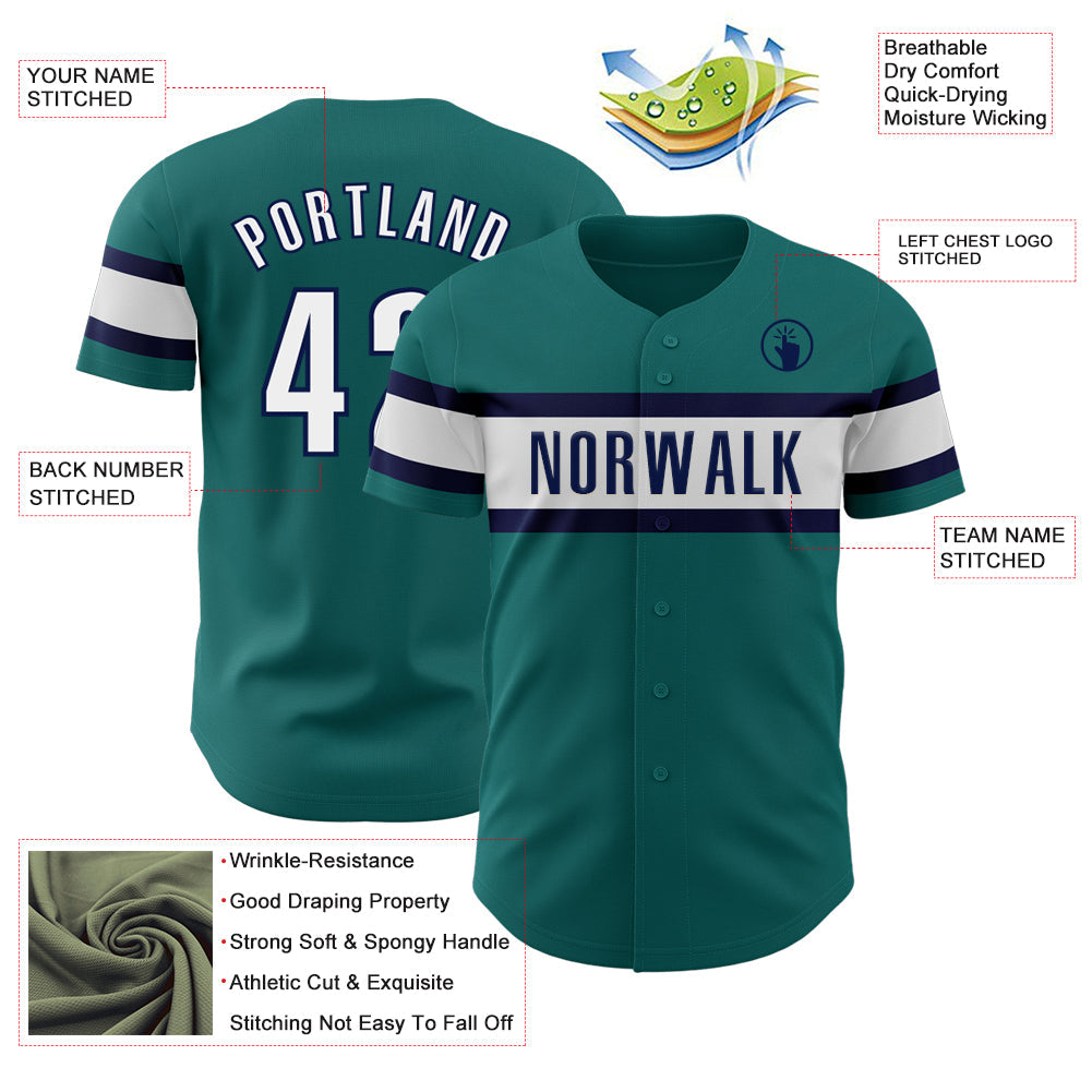 Custom Teal White-Navy Authentic Baseball Jersey view 3