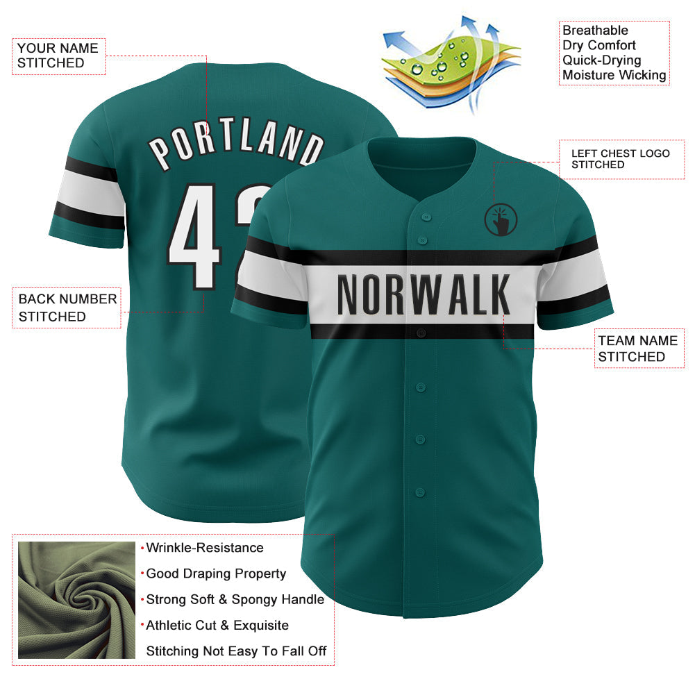 Custom Teal White-Black Authentic Baseball Jersey view 3