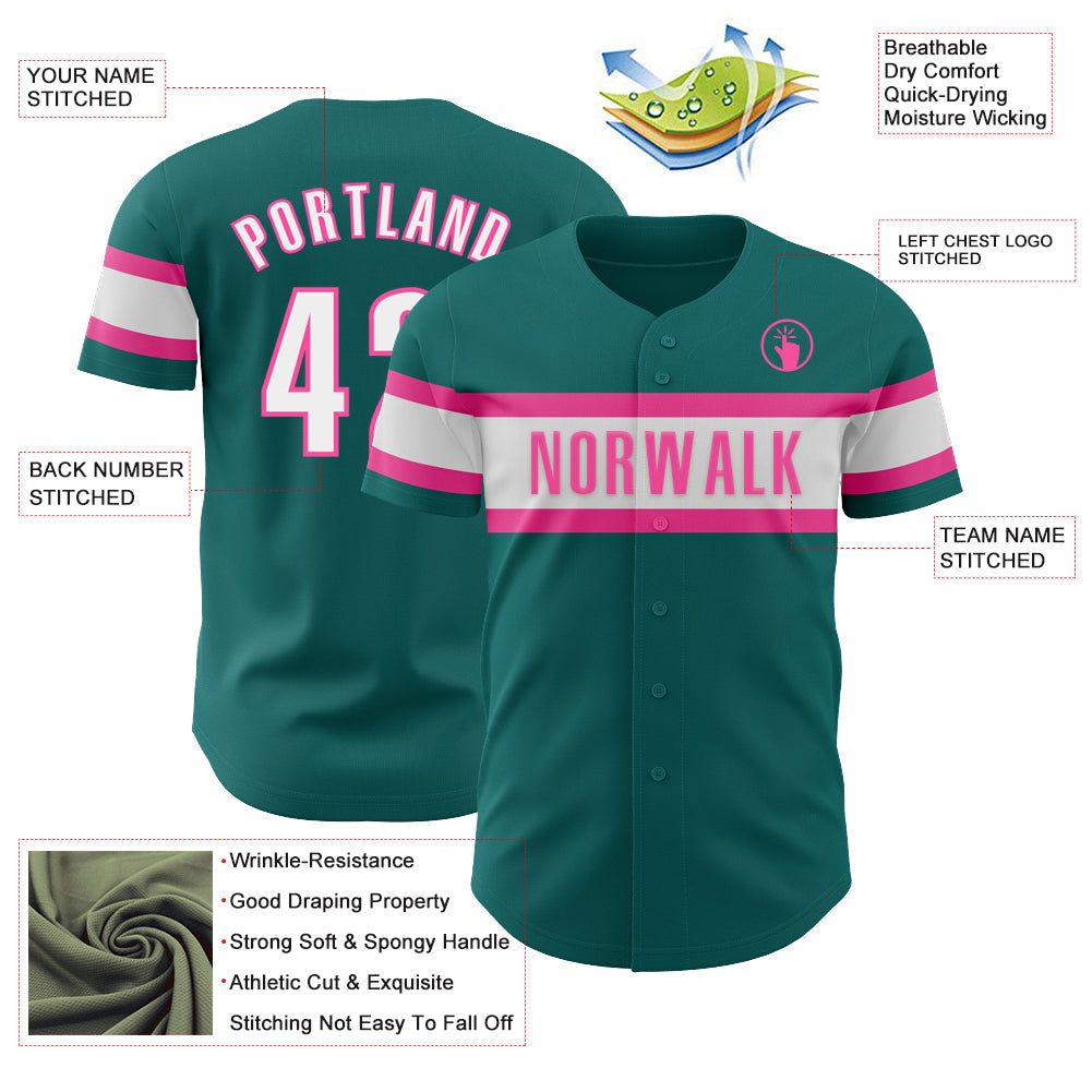 Custom Teal White-Pink Authentic Baseball Jersey view 3