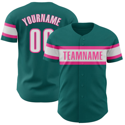 Custom Teal White-Pink Authentic Baseball Jersey - Main View