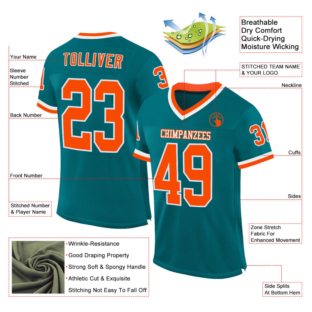 Custom Teal Orange-White Mesh Authentic Throwback Football Jersey view 2